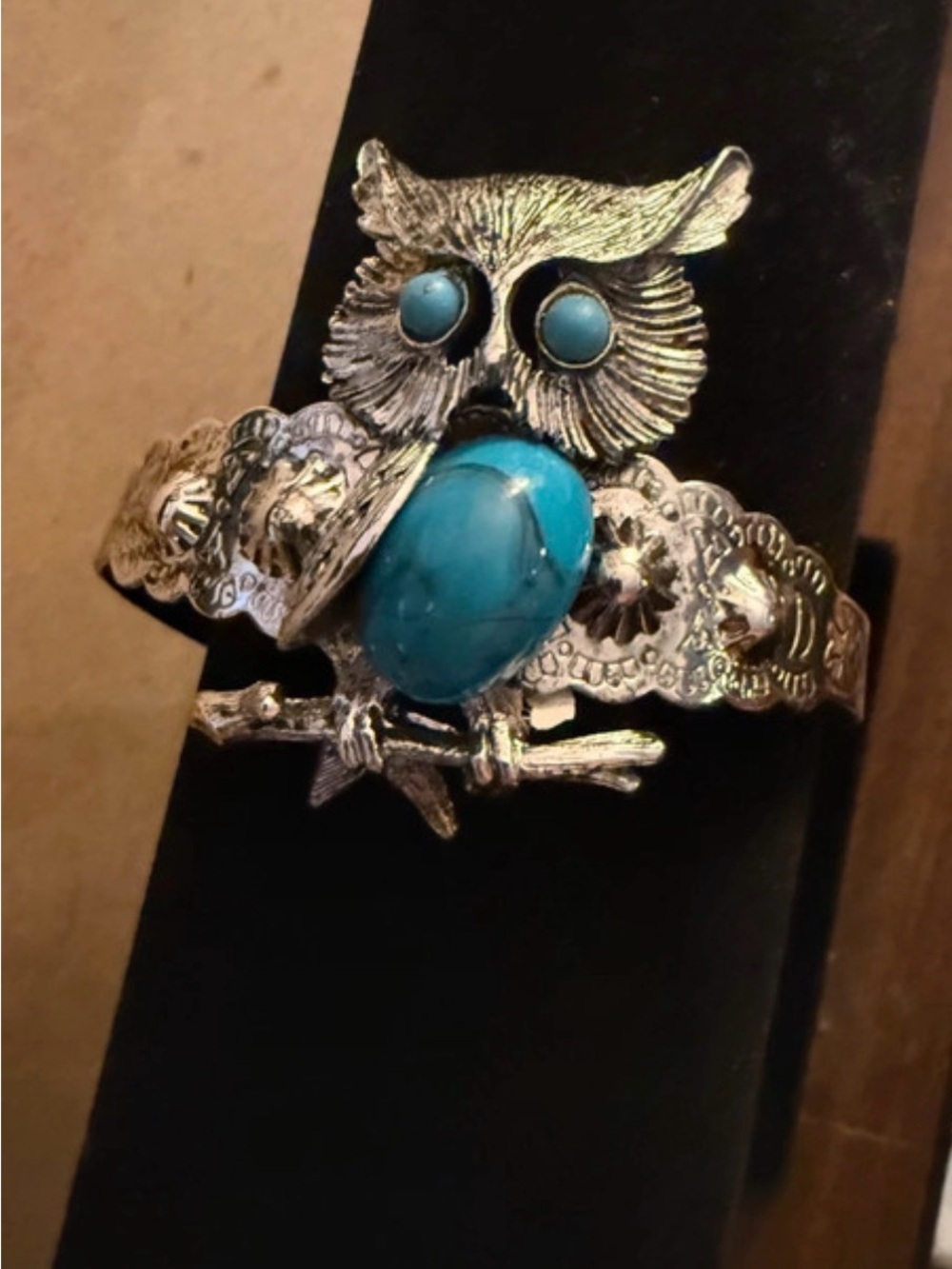 Turquoise Owl Cuff Bracelet - Silver Tone